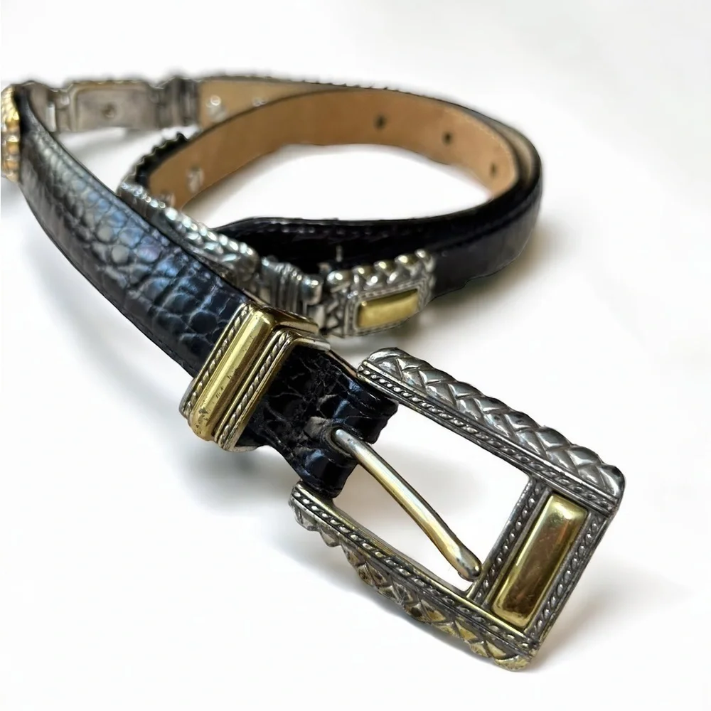 Brighton black leather faux croc gold and silver belt size small